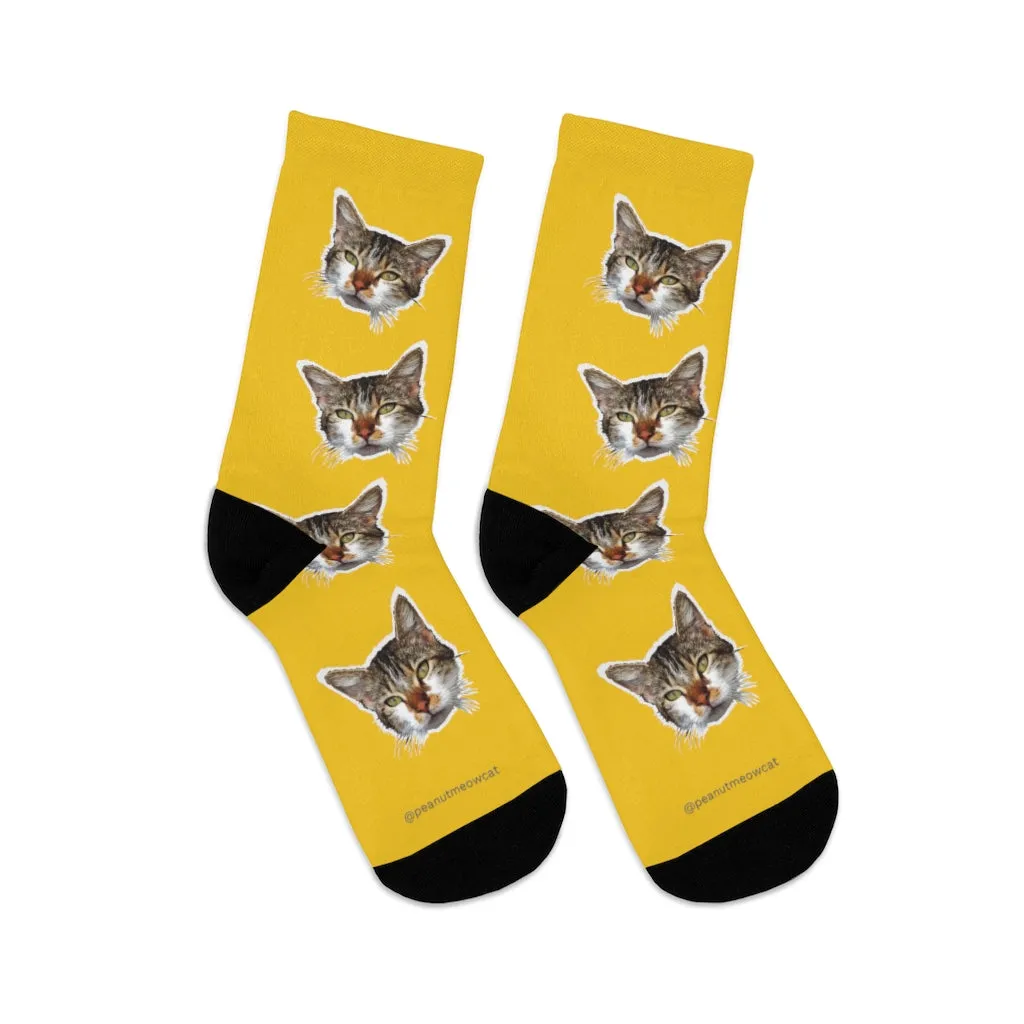 Bright Yellow Cat Print Socks, Cute Calico Cat One-Size Premium Socks- Made in USA