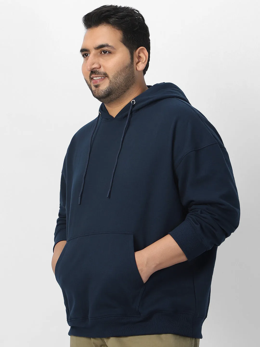 Plus Men's Iris Navy Cotton Solid Oversized Hooded Neck Sweatshirt